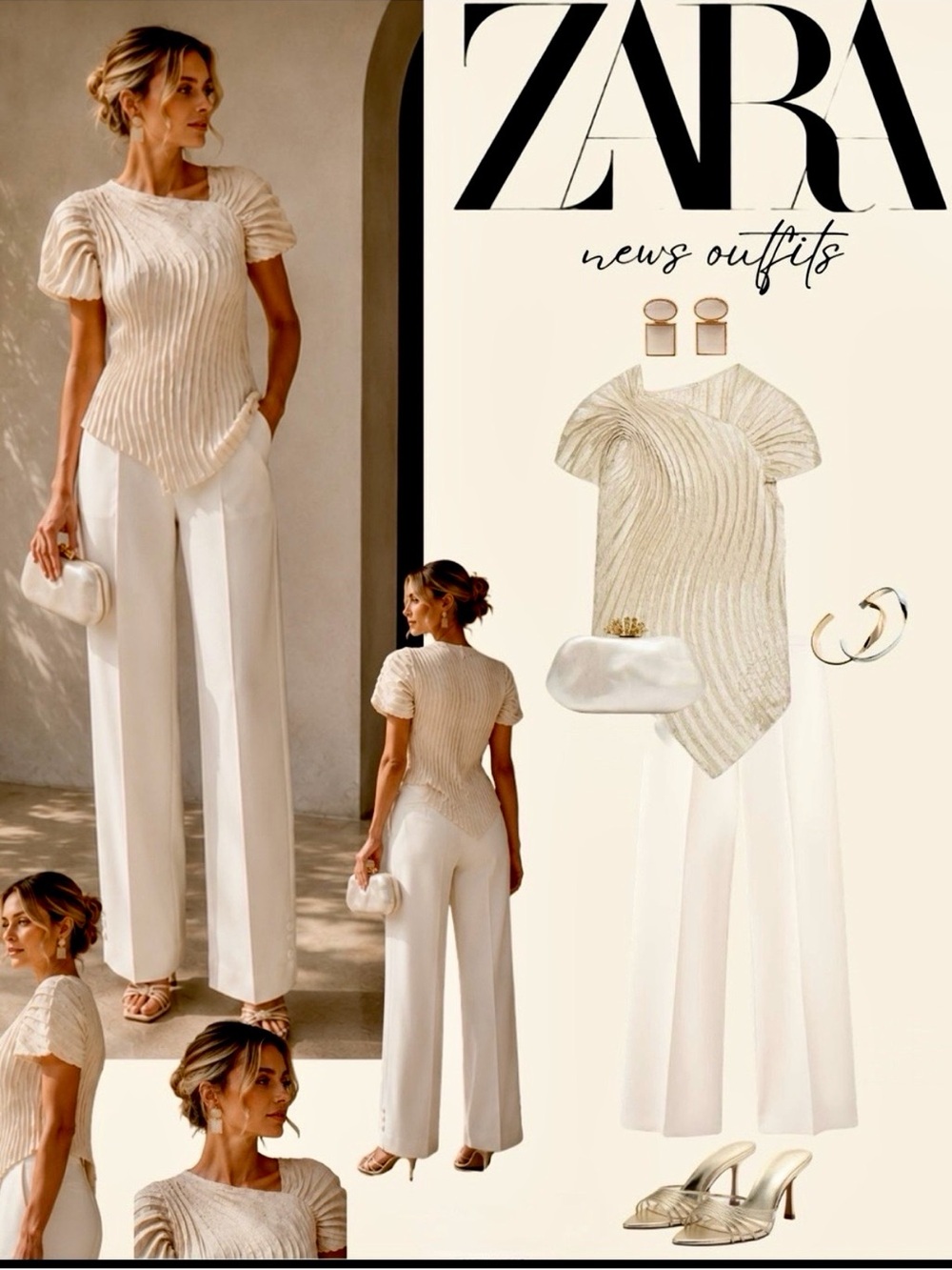 Zara NWT ZW COLLECTION luxurious Pleated Short Sleeve champagne cream formal Top - Picture 5 of 13